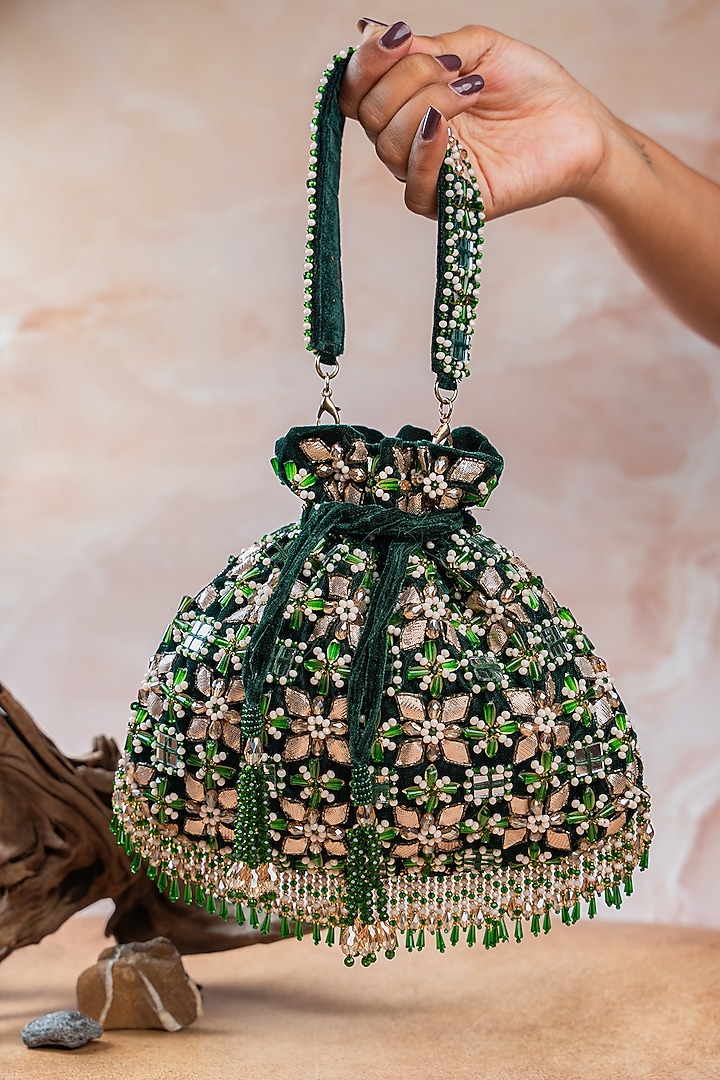 Emerald Green Velvet Hand Embellished Potli by Nayaab by Sonia at Pernia's Pop Up Shop