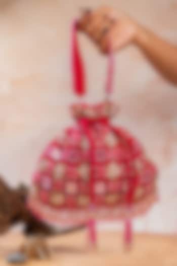 Fuchsia Pink Velvet Floral Beads Embellished Potli by Nayaab by Sonia at Pernia's Pop Up Shop