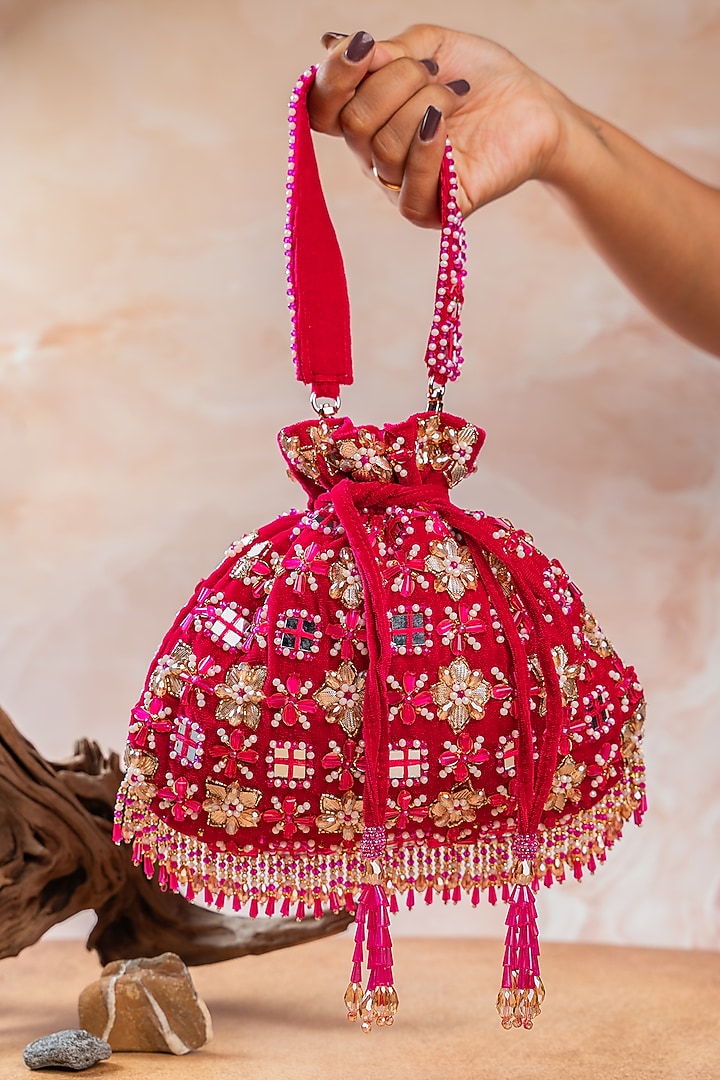Fuchsia Pink Velvet Floral Beads Embellished Potli by Nayaab by Sonia at Pernia's Pop Up Shop