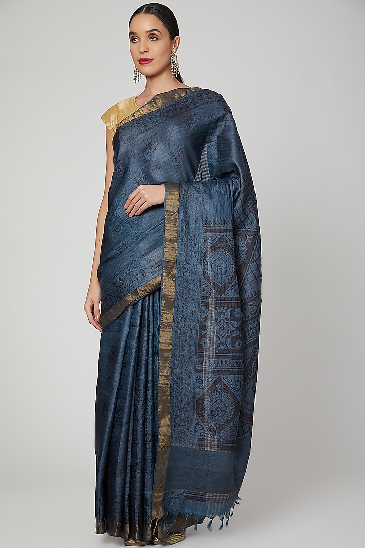 Cobalt Blue Printed Silk Saree by ILAPTI