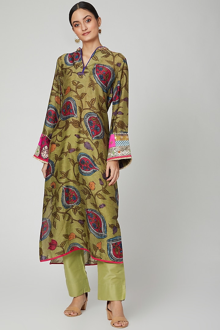 Lime Embroidered Kurta With Pants by ILAPTI