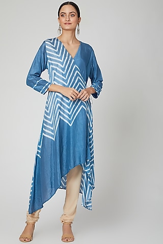 Sky Blue Tie & Dye Printed Angrakha Kurta by ILAPTI