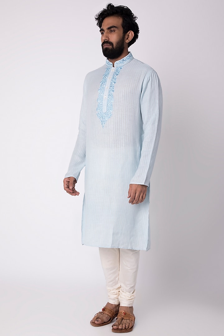 Sky Blue Natural Fiber & Cotton Kurta by ILAPTI Men