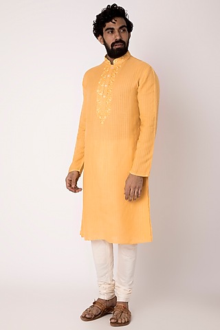 Yellow Natural Fiber & Cotton Kurta by ILAPTI Men
