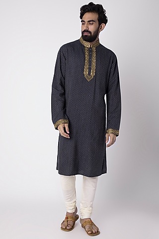 Blue Natural Fiber & Cotton Kurta by ILAPTI Men
