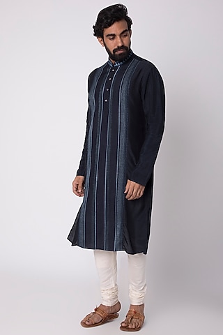 Cobalt Blue Natural Fiber & Cotton Kurta by ILAPTI Men