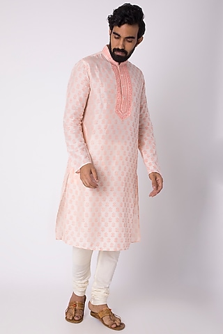 Blush Pink Natural Fiber & Cotton Kurta by ILAPTI Men