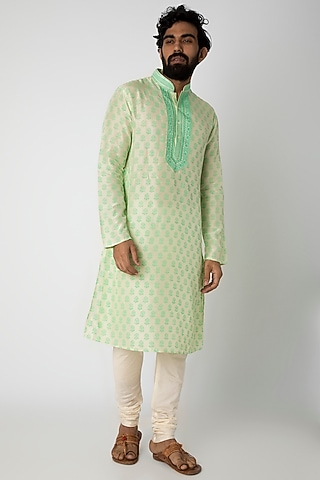 Emerald Green Natural Fiber & Cotton Kurta by ILAPTI Men