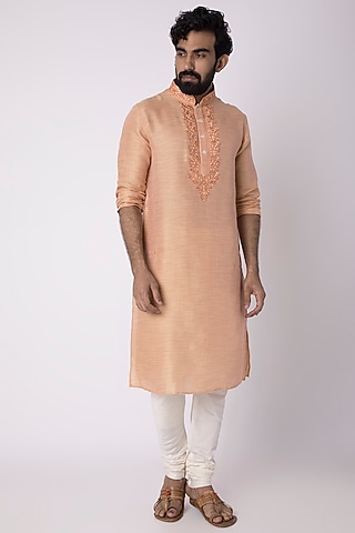 Peach Natural Fiber & Cotton Kurta by ILAPTI Men