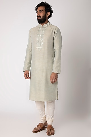 Pista Green Natural Fiber & Cotton Kurta by ILAPTI Men