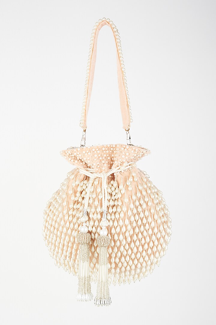 Baby Pink Velvet Embroidered Potli by Forever Noor at Pernia's Pop Up Shop