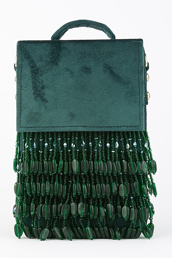 Emerald Green Crystal Embroidered Box Clutch by Forever Noor