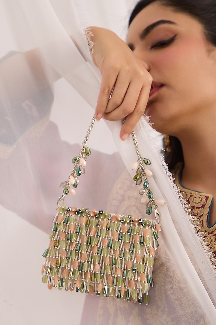 Green & Peach Velvet Bead Hand Embellished Mini Bag by Forever Noor at Pernia's Pop Up Shop
