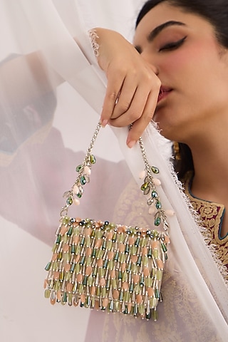 Green & Peach Velvet Bead Hand Embellished Mini Bag by Forever Noor