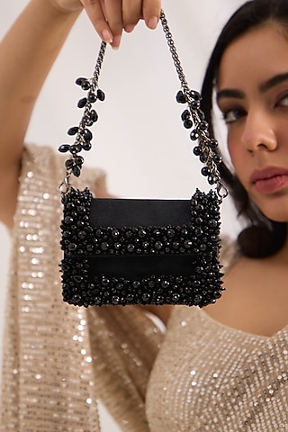 Black Velvet Pearl Hand Work Mini Bag by Forever Noor