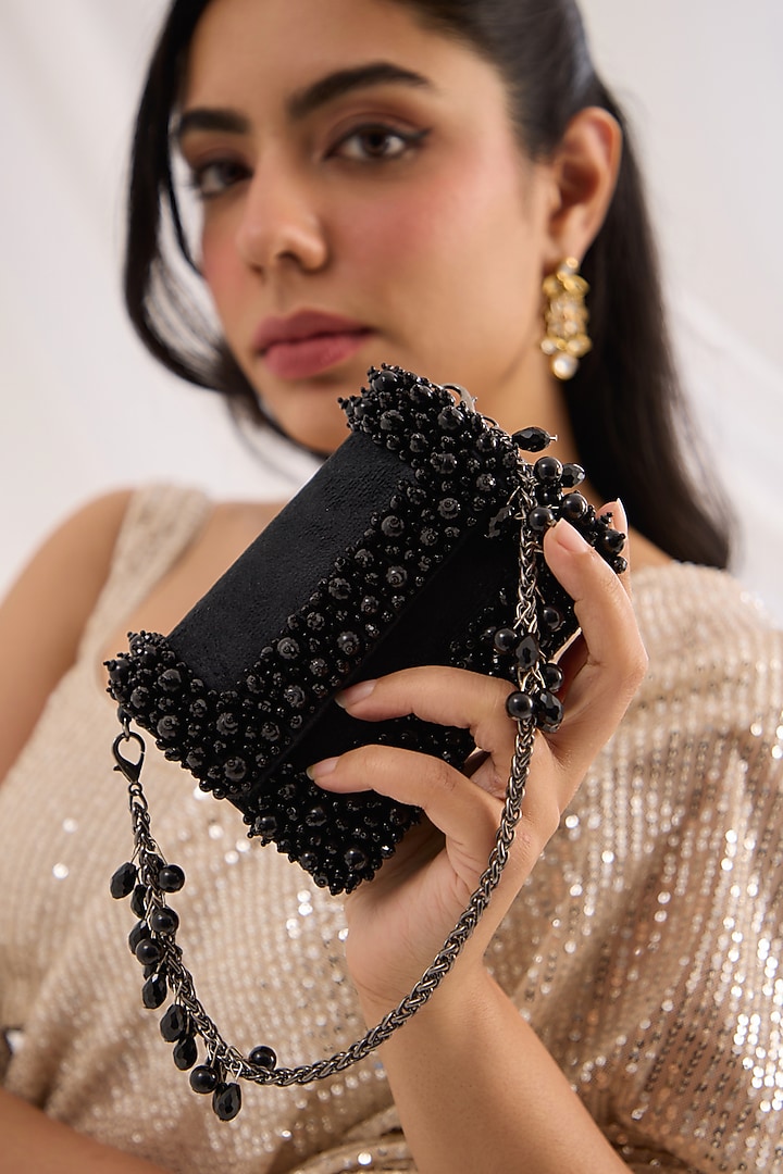Black Velvet Pearl Hand Work Mini Bag by Forever Noor at Pernia's Pop Up Shop