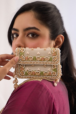 Green & Peach Velvet Bead Hand Embellished Mini Bag by Forever Noor