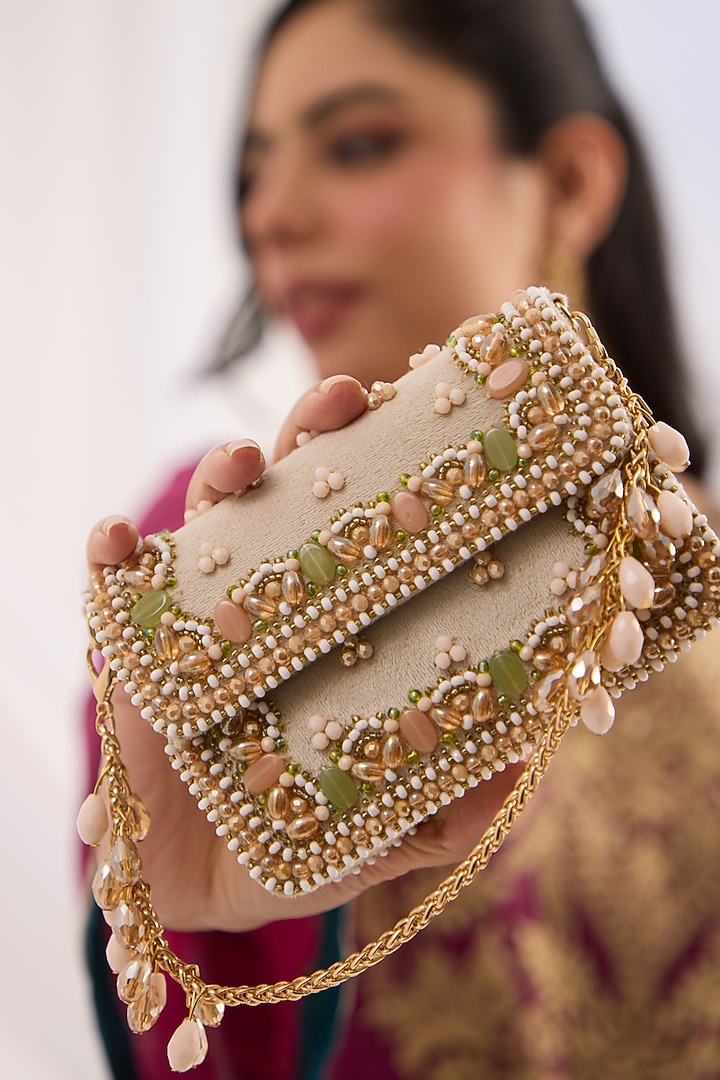 Green & Peach Velvet Bead Hand Embellished Mini Bag by Forever Noor at Pernia's Pop Up Shop