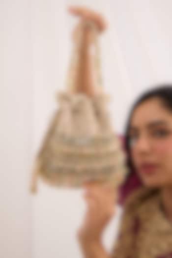 Peach & Green Suede Velvet Hand Embroidered Potli by Forever Noor at Pernia's Pop Up Shop