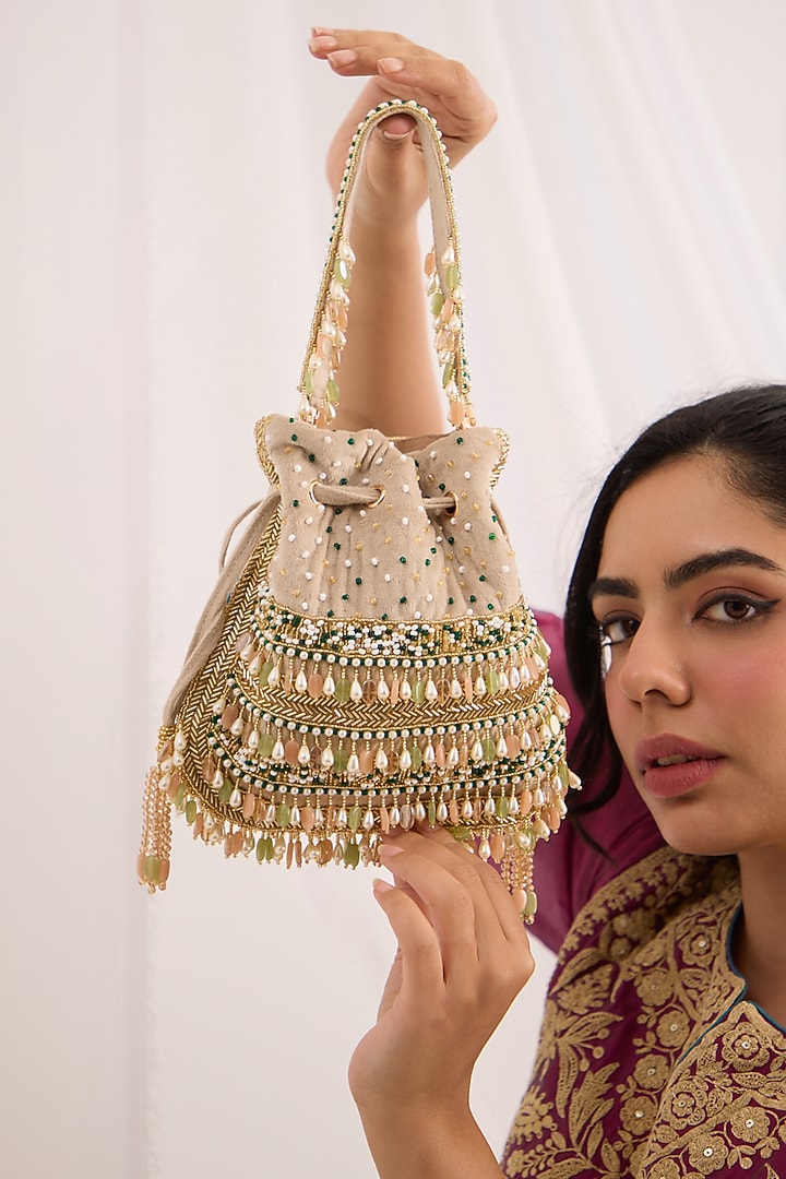 Peach & Green Suede Velvet Hand Embroidered Potli by Forever Noor at Pernia's Pop Up Shop