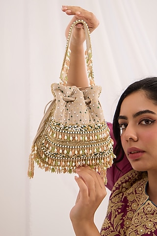 Peach & Green Suede Velvet Hand Embroidered Potli by Forever Noor