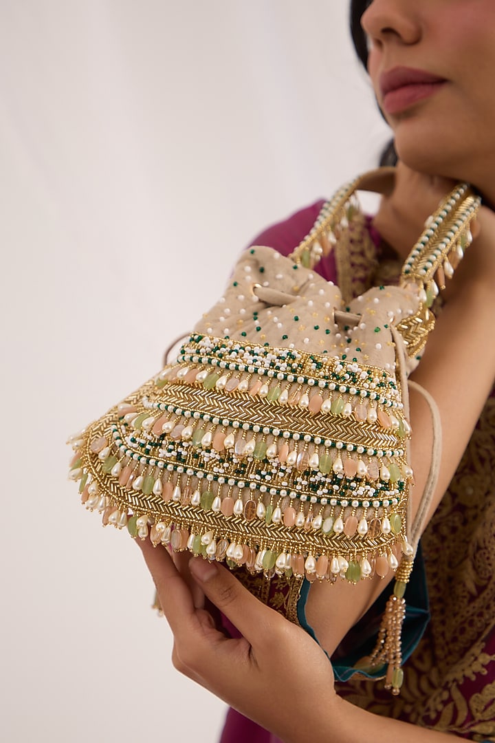 Peach & Green Suede Velvet Hand Embroidered Potli by Forever Noor at Pernia's Pop Up Shop