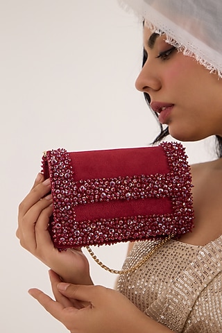Red Velvet Pearl & Crystal Work Mini Bag by Forever Noor