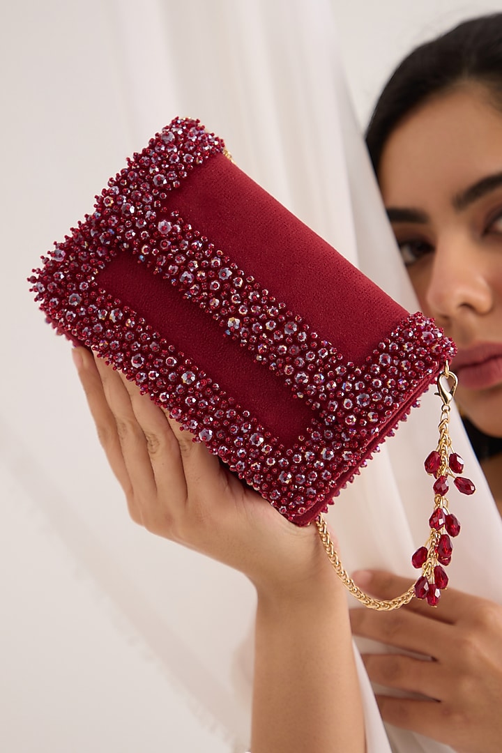 Red Velvet Pearl & Crystal Work Mini Bag by Forever Noor at Pernia's Pop Up Shop