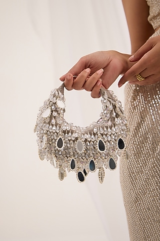 Silver Suede Velvet Mirror & Crystal Work Boat Bag by Forever Noor