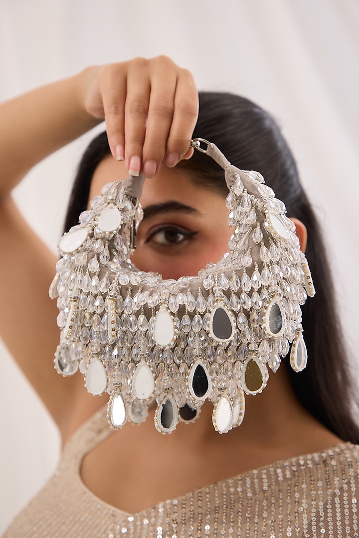 Silver Suede Velvet Mirror & Crystal Work Boat Bag by Forever Noor at Pernia's Pop Up Shop