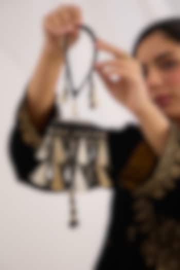 Black Suede Velvet Pearl Embellished Mini Bucket Bag by Forever Noor at Pernia's Pop Up Shop