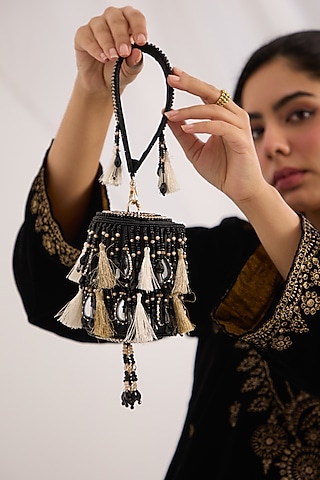 Black Suede Velvet Pearl Embellished Mini Bucket Bag by Forever Noor