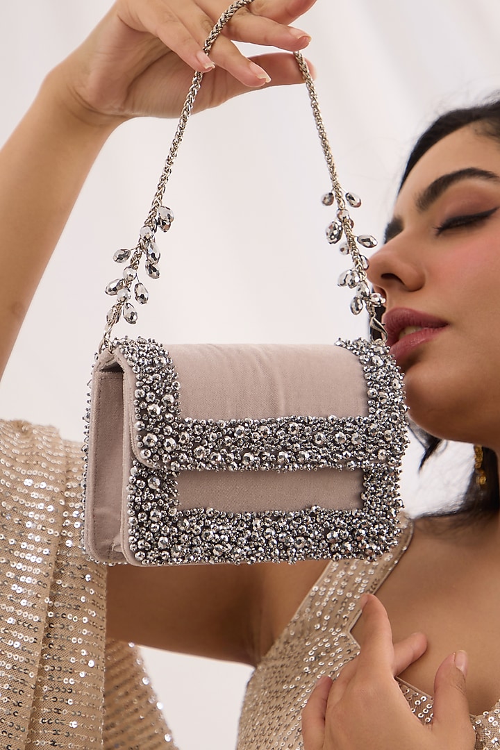 Grey Velvet Crystal & Pearl Handwork Bag by Forever Noor at Pernia's Pop Up Shop