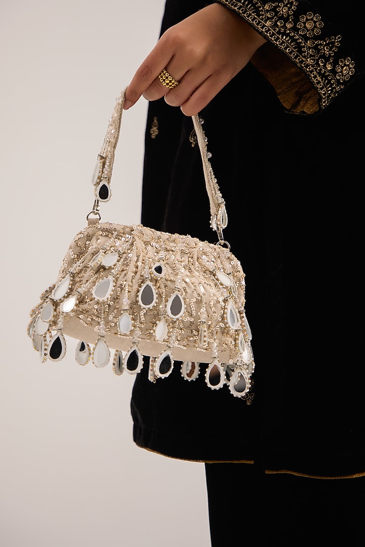 Ivory Georgette Mirror & Zari Work Bag by Forever Noor at Pernia's Pop Up Shop