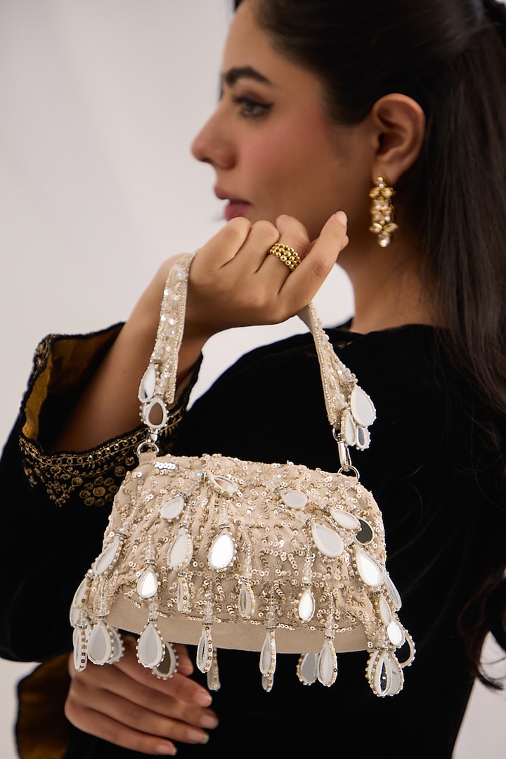Ivory Georgette Mirror & Zari Work Bag by Forever Noor at Pernia's Pop Up Shop