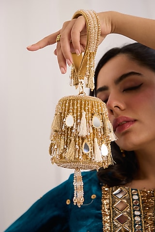 Gold Suede Velvet Mirror Embellished Mini Bucket Bag by Forever Noor