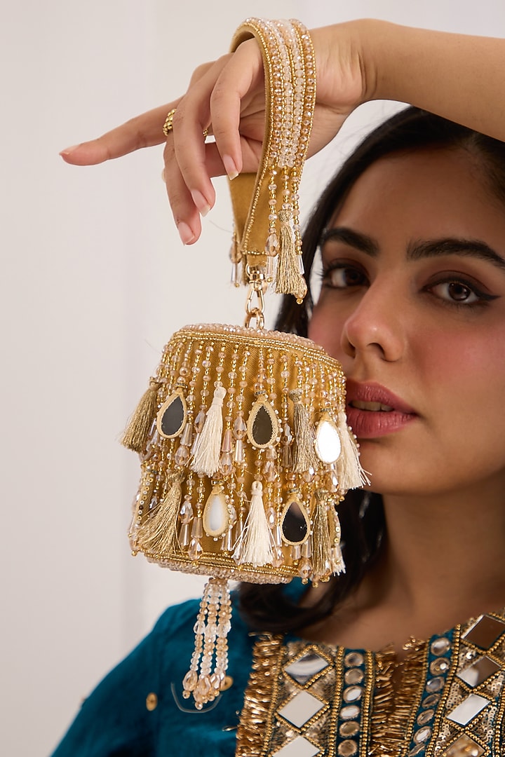 Gold Suede Velvet Mirror Embellished Mini Bucket Bag by Forever Noor at Pernia's Pop Up Shop
