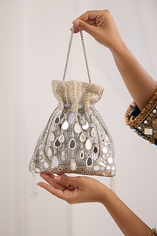 Silver Georgette Mirror Embellished Potli by Forever Noor