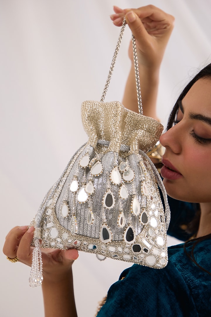 Silver Georgette Mirror Embellished Potli by Forever Noor at Pernia's Pop Up Shop