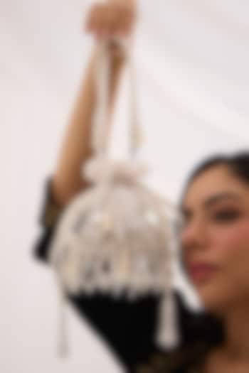 White Suede Velvet Mirror Embellished Bucket Bag by Forever Noor at Pernia's Pop Up Shop