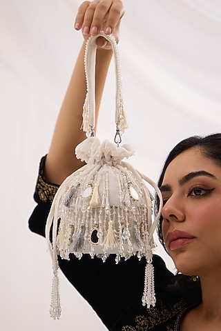 White Suede Velvet Mirror Embellished Bucket Bag by Forever Noor