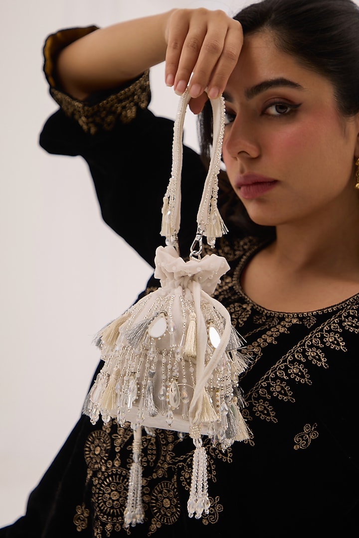 White Suede Velvet Mirror Embellished Bucket Bag by Forever Noor at Pernia's Pop Up Shop