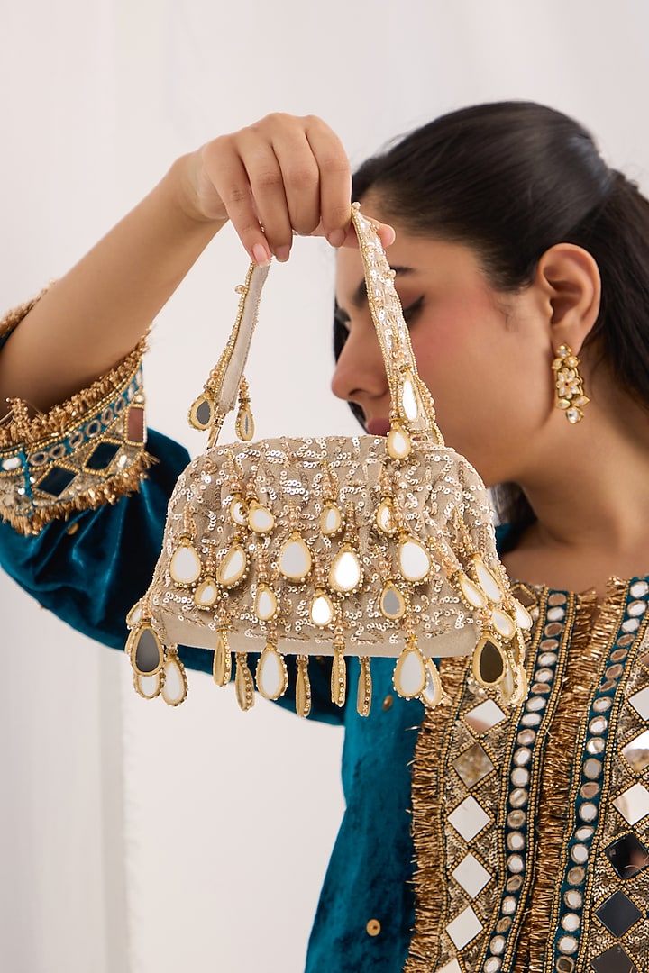 Golden Georgette Zari & Mirror Work Bag by Forever Noor at Pernia's Pop Up Shop