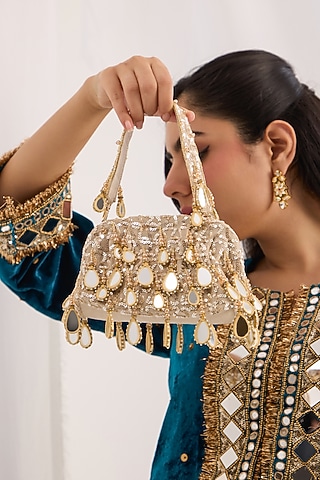 Golden Georgette Zari & Mirror Work Bag by Forever Noor