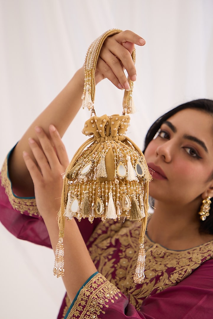 Gold Suede Velvet Mirror Embellished Bucket Bag by Forever Noor at Pernia's Pop Up Shop