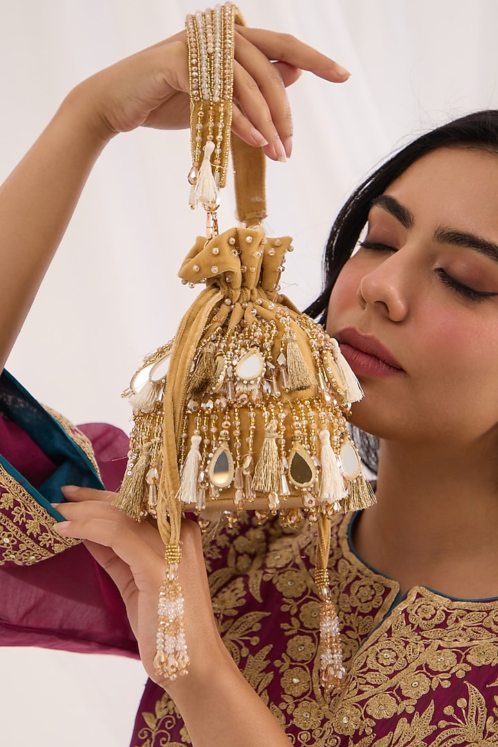 Gold Suede Velvet Mirror Embellished Bucket Bag by Forever Noor at Pernia's Pop Up Shop