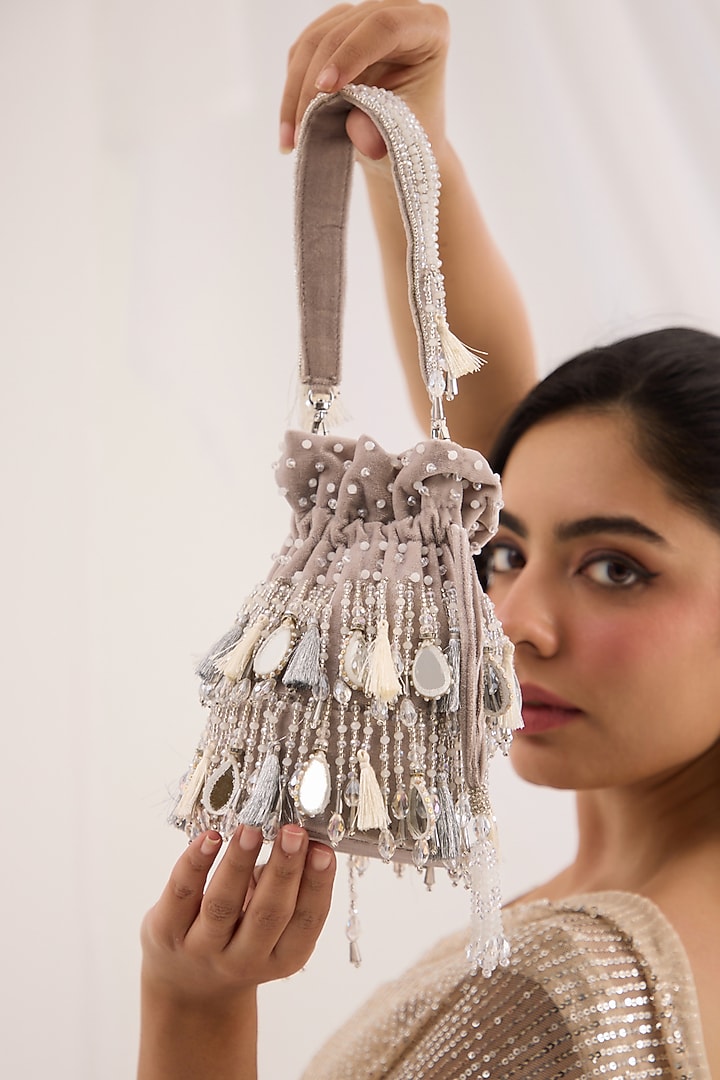 Grey Suede Velvet Mirror Embellished Bucket Bag by Forever Noor at Pernia's Pop Up Shop