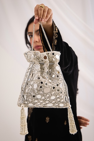 Silver Georgette Mirror Embroidered Potli by Forever Noor