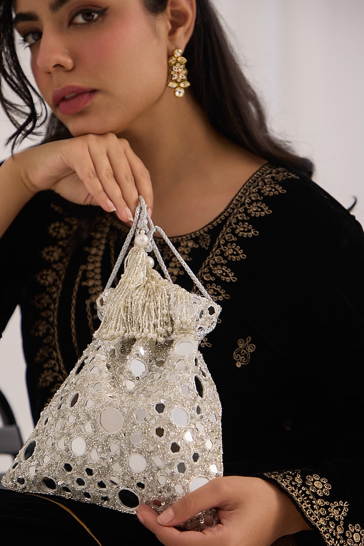 Silver Georgette Mirror Embroidered Potli by Forever Noor at Pernia's Pop Up Shop