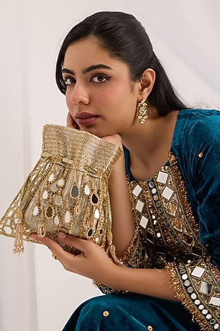 Gold Georgette Mirror Embroidered Potli by Forever Noor
